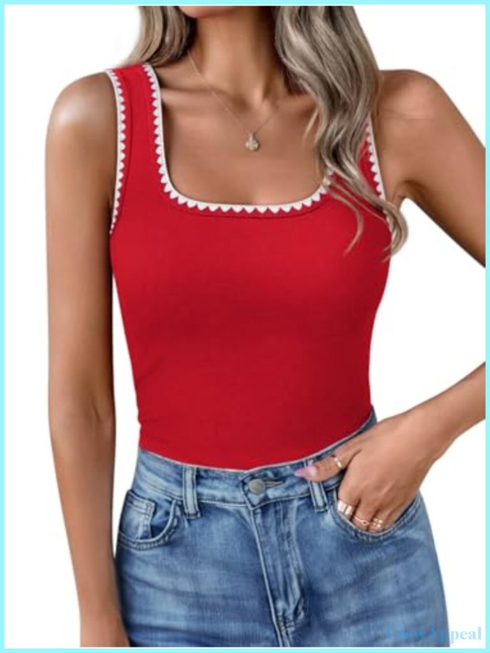 Ribbed Cotton Blend Square Neck Sleeveless Fitted Color Block Tank Top